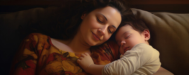 Fototapeta na wymiar Beautiful young mom and her cute baby, they are lying on the couch and enjoying happy moments