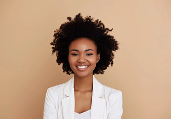 Black woman in a white business suit, smily face