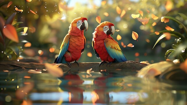Two colorful macaws perched on a branch surrounded by falling autumn leaves.