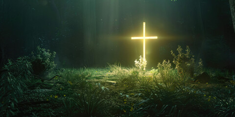 glowing Cross in a meadow with copy space