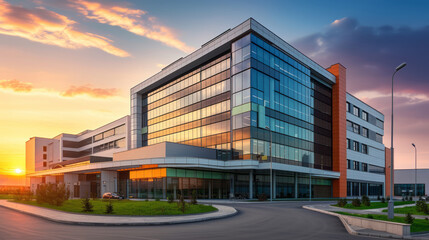 Modern hospital building at sunset