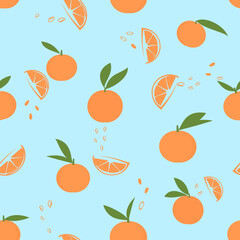 Seamless pattern with orange fruit and green leaf on orange background vector.