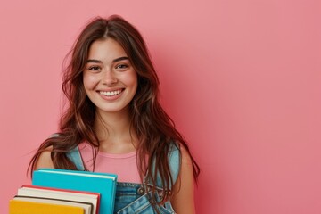 Happy young woman holding books on pink background, portrait of smiling student with educational materials