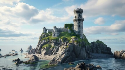 A secluded castle perched on a rocky cliff above a serene sea.