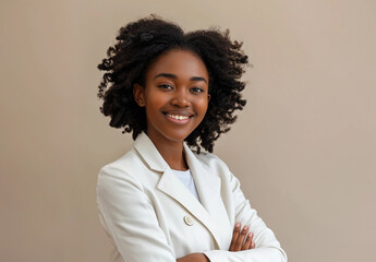 Black woman in a white business suit, smily face