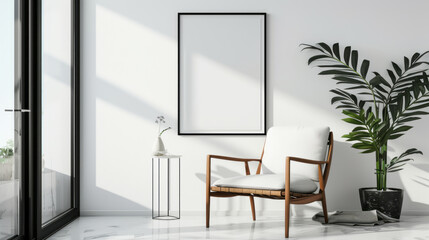 White living room design. Modern interior with chair and black poster frame on white wall