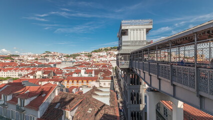 Panorama showing Alfama and Baixa districts of Lisbon aerial timelapse from anta Justa lift,...