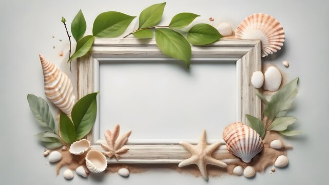frame frame made of  shells and starfish,Summer beach holiday vacation concept, photo frame and seashell decoration mockup 