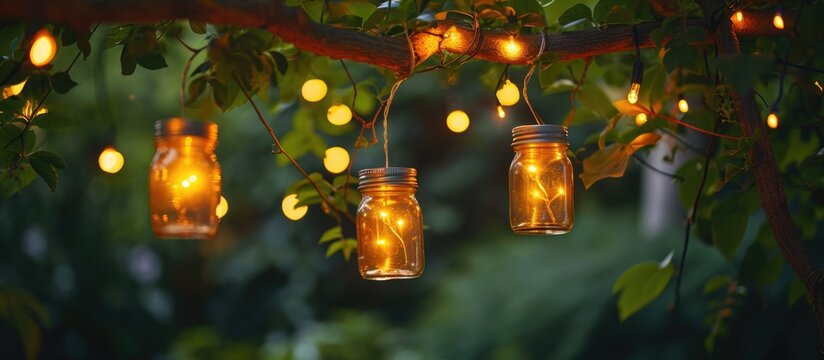 Fairy lights decorated dangling jars on vines above.