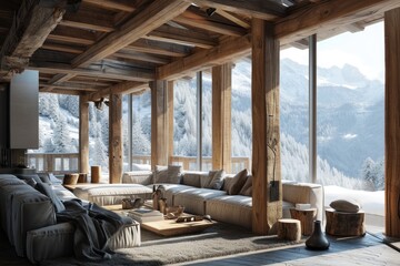Mountain Retreat: Rustic Living Room Interior Design with Wooden Accents
