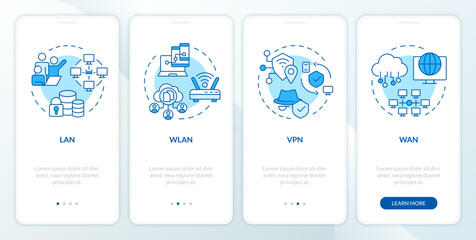 Types of network blue onboarding mobile app screen. Walkthrough 4 steps editable graphic instructions with linear concepts. UI, UX, GUI template. Myriad Pro-Bold, Regular fonts used - obrazy, fototapety, plakaty
