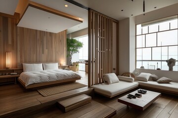 Fototapeta na wymiar Minimalistic Japanese-inspired Condo Interior Design: A Warm, Zen Space with Asian Aesthetic