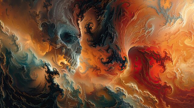 Scary demon and a satan in an angry scene, in the style of otherworldly landscapes, dark orange, red and light gold, 32k uhd, mind-bending murals, apocalypse landscape, fractals