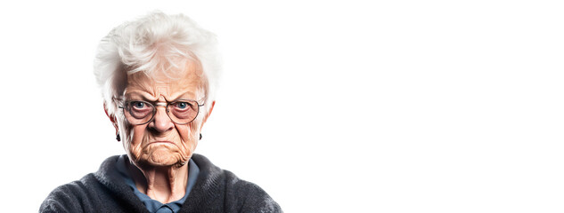 Elderly woman grandmother screams in angry anger, aggressively disappointed, white background isolate.