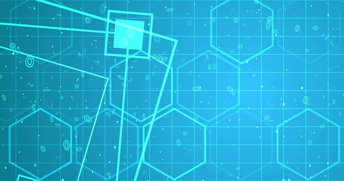 4K Hexagon network with square geometry shapes moving. Innovation science tech loop. Blinking polygons mesh futuristic chemistry molecules atom movement. Global cyber worldwide connections concept bg.