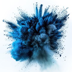 Blue Smoke Explosion on White Background. Abstract Design of Bursting Powder Cloud in Close-up - obrazy, fototapety, plakaty