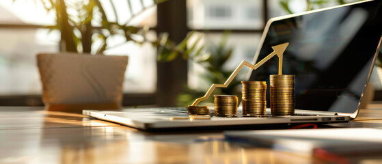 a stack of gold coins with an arrow pointing up behind a laptop and notebook on an office desk, financial growth