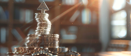 a stack of gold coins with an arrow pointing up, financial growth. - obrazy, fototapety, plakaty