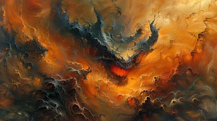 Fotobehang Scary demon and a satan in an angry scene, in the style of otherworldly landscapes, dark orange, red and light gold, 32k uhd, mind-bending murals, apocalypse landscape, fractals © paisorn