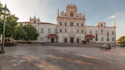 Panorama showing Sa da Bandeira Square with a view of the Santarem See Cathedral timelapse. Portugal