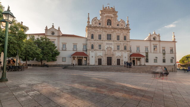 Panorama showing Sa da Bandeira Square with a view of the Santarem See Cathedral timelapse. Portugal