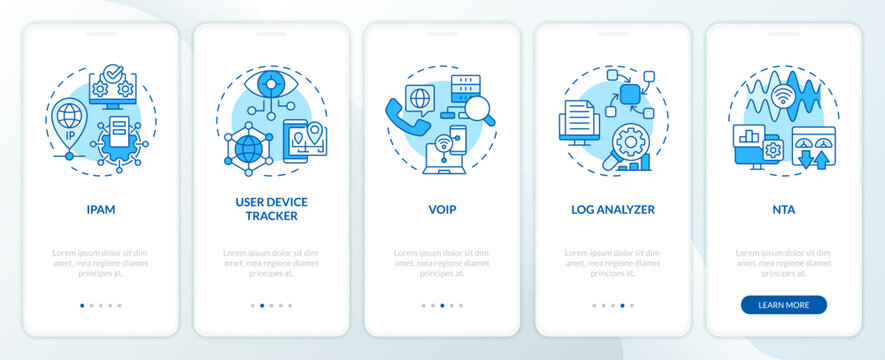 Network management software blue onboarding mobile app screen. Walkthrough 5 steps editable graphic instructions with linear concepts. UI, UX, GUI template. Myriad Pro-Bold, Regular fonts used
