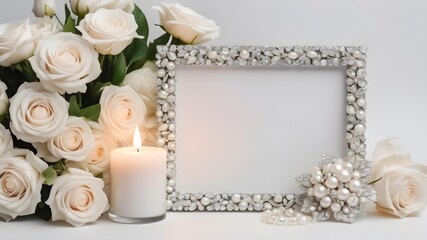 Mockup frame With flower,CandleS Holder, White Pearls And A White Frame