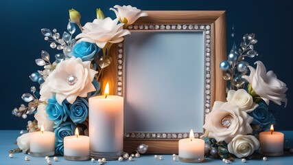 Mockup frame With flower,CandleS Holder, blue  background 