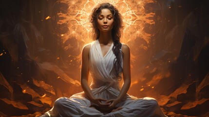 Serene Woman in Meditation with Fiery Energy Aura in Ethereal Setting