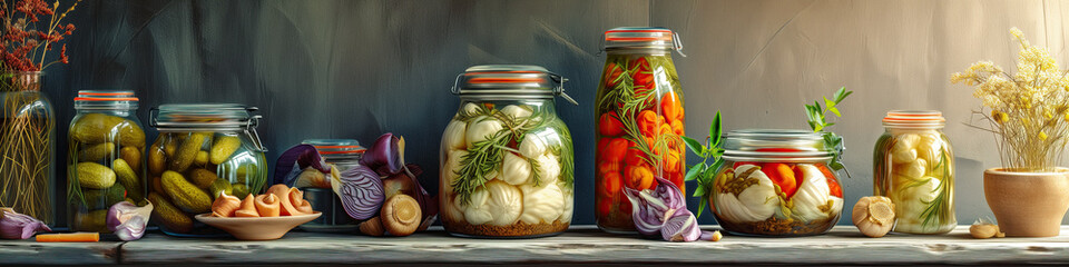 a rustic shelf with jars full of pickles and fermeted vegetables web banner 