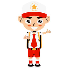 Elementary school boy standing smiling and waving his hands