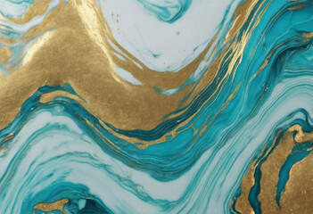 Acrylic Fluid Art Blue aquamarine waves and gold inclusion Abstract marble background or texture