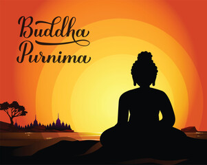 Happy Buddha Purnima wishes greetings with buddha. Can be used for poster, banner, logo, background, greetings, print
