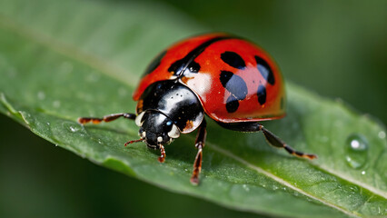 Fototapeta premium Close-up of a ladybug on a green leaf. Selective focus.