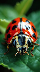 Fototapeta premium Close-up of a ladybug on a green leaf. Selective focus.