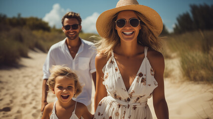 Radiant family walks on sandy dunes, mother in sunhat smiling brightly, child giggling with joy.
