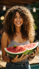 Beaming woman offering a juicy watermelon, summertime joy in the air.
