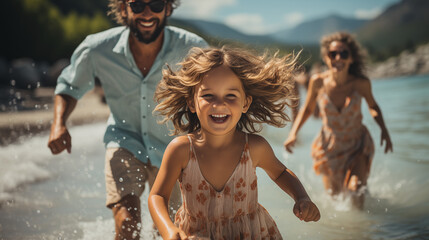 Joyful family running through water on a sunny beach with mountains in the background.
