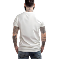 Tattooed man in white t shirt on white background