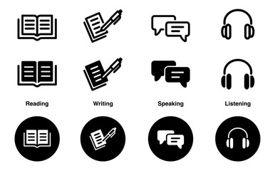 Language skill icon set speaking listening reading writing education test logo vector illustration circle symbol	