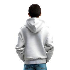 Back view of a boy in a white hoodie isolated on a white background