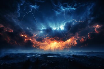 sea storm, dark dramatic stormy sky with cumulus clouds and lightnings over waves for abstract background