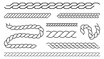 Line rope border element collection. Nautical rope brushes. Set of straight outline silhouette rope borders - obrazy, fototapety, plakaty