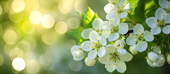 A bunch of white flowers with green leaves stands out against a blurred green background, showcasing the beauty of spring blossoms.