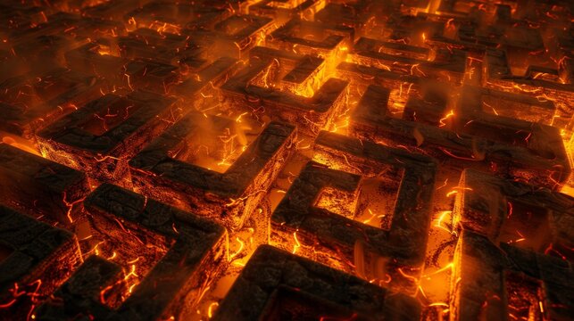 mesmerizing image capturing the intricate design of a labyrinth, each path illuminated by the gentle dance of flames, casting an enchanting glow that highlights the complexity of the maze