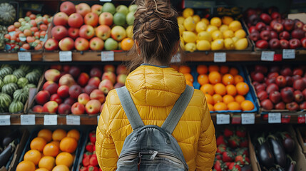 A person in a yellow jacket contemplates a colorful array of fresh fruits and vegetables at a local market stall.