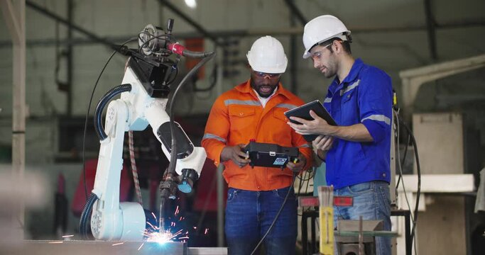Professional industrial engineer African american man holding automation robot arms machine controller talking to his Chief in smart manufacturing industry. Technology and Innovation concept.