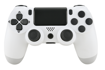 White gaming controller isolated on a transparent background.