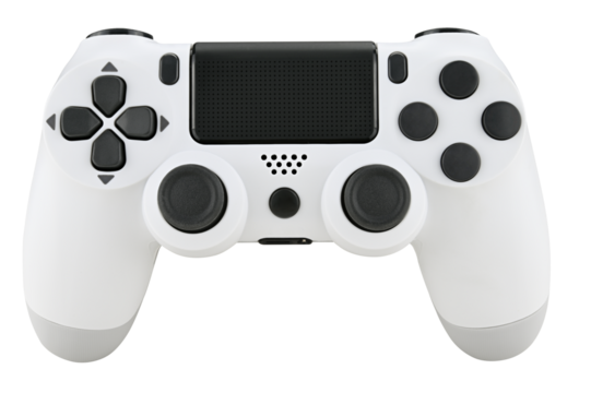 White gaming controller isolated on a transparent background.