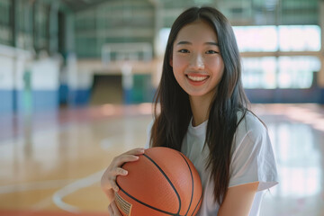 Portrait happy asian girl holding basketball in a school gymnasium